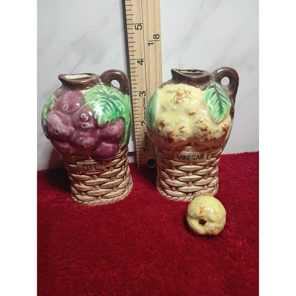 Vintage Dala Japan Ceramic Oil and Vinegar Cruet Set Fruit Basket Design 4 Inch